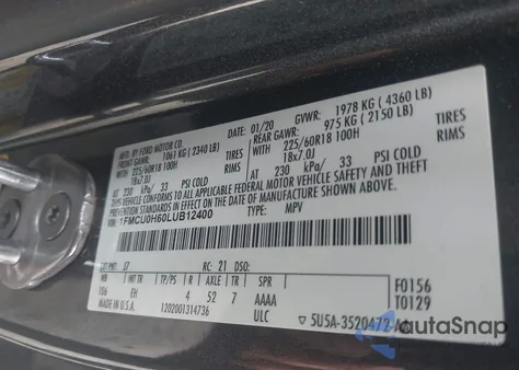 2020 Ford Escape Sel из США, поврежденный, VIN 1FMCU0H60LUB12400